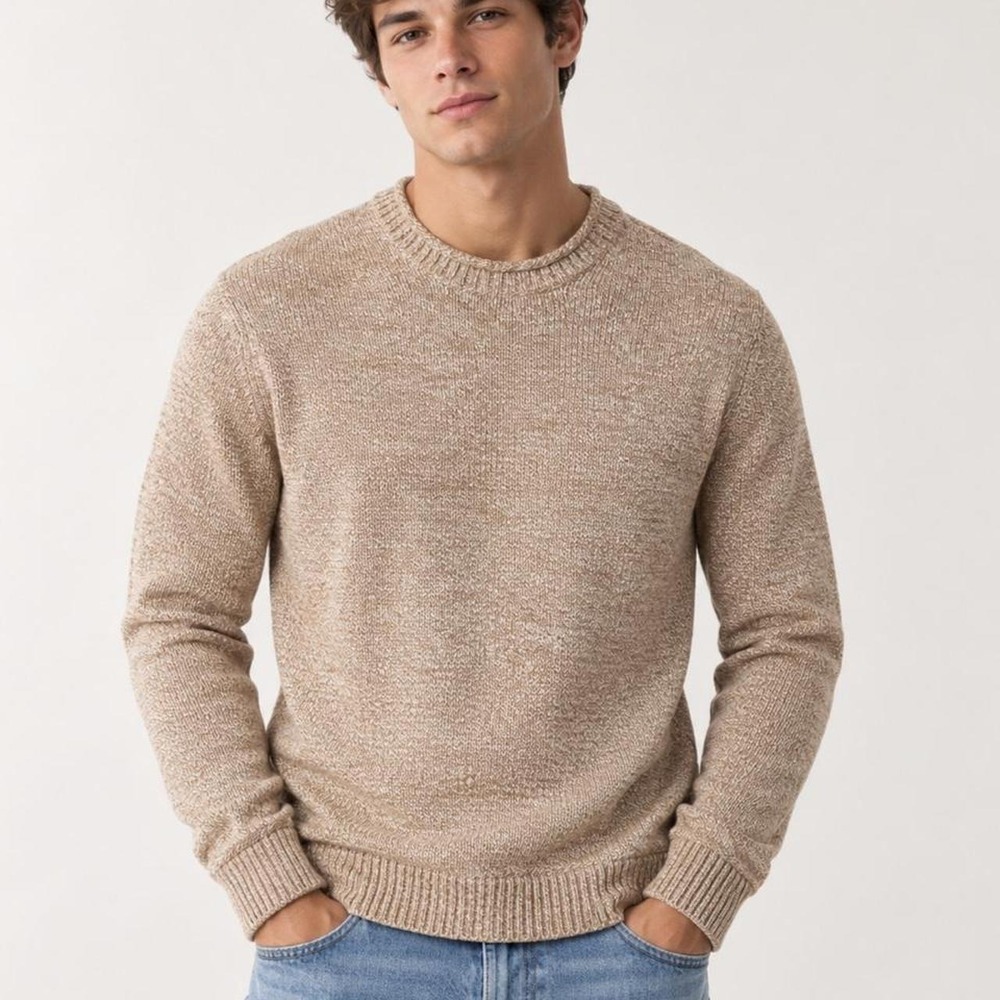 Knit Sweater Tan Marled Hollister Fisherman Coastal Grandpa Rolled Neck Large